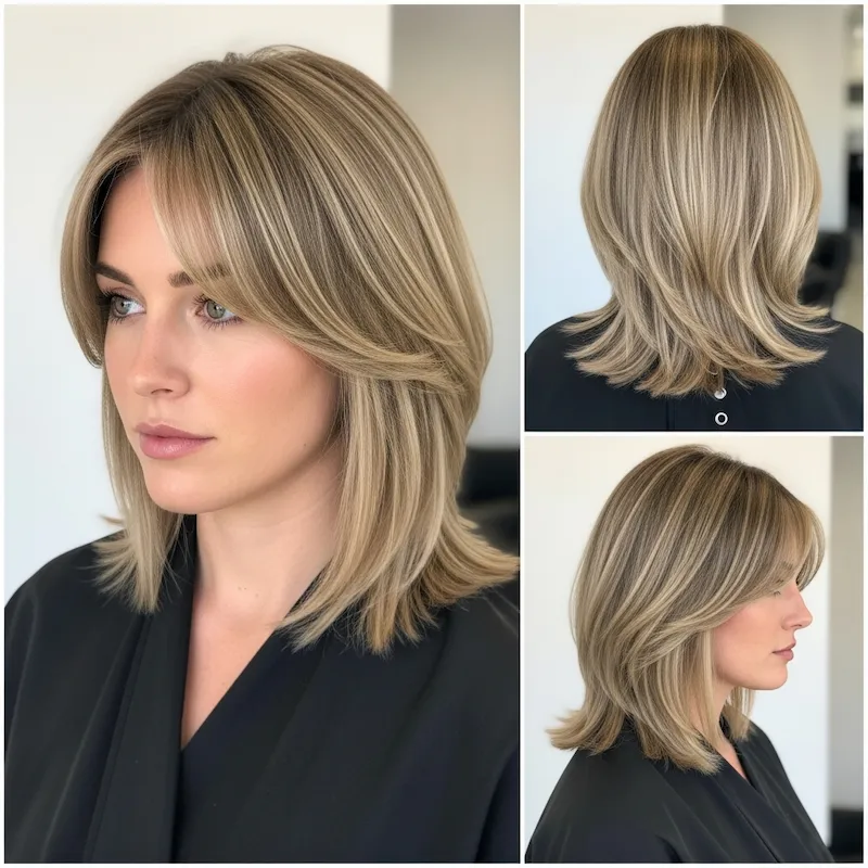 Beige Blonde Bob with Soft Bangs and Layers