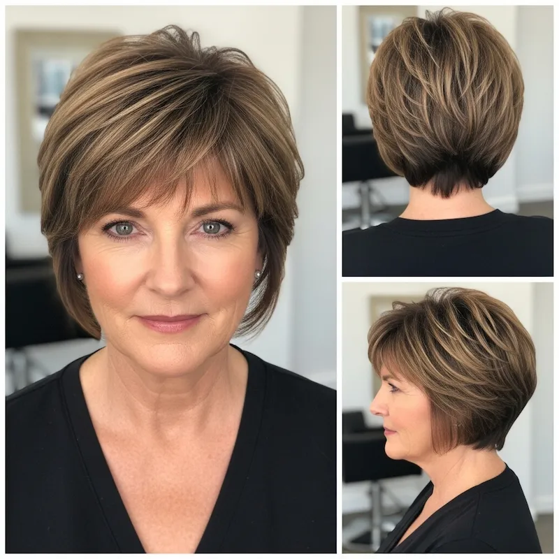 Blended Brunette Pixie with Bangs and Long Sides