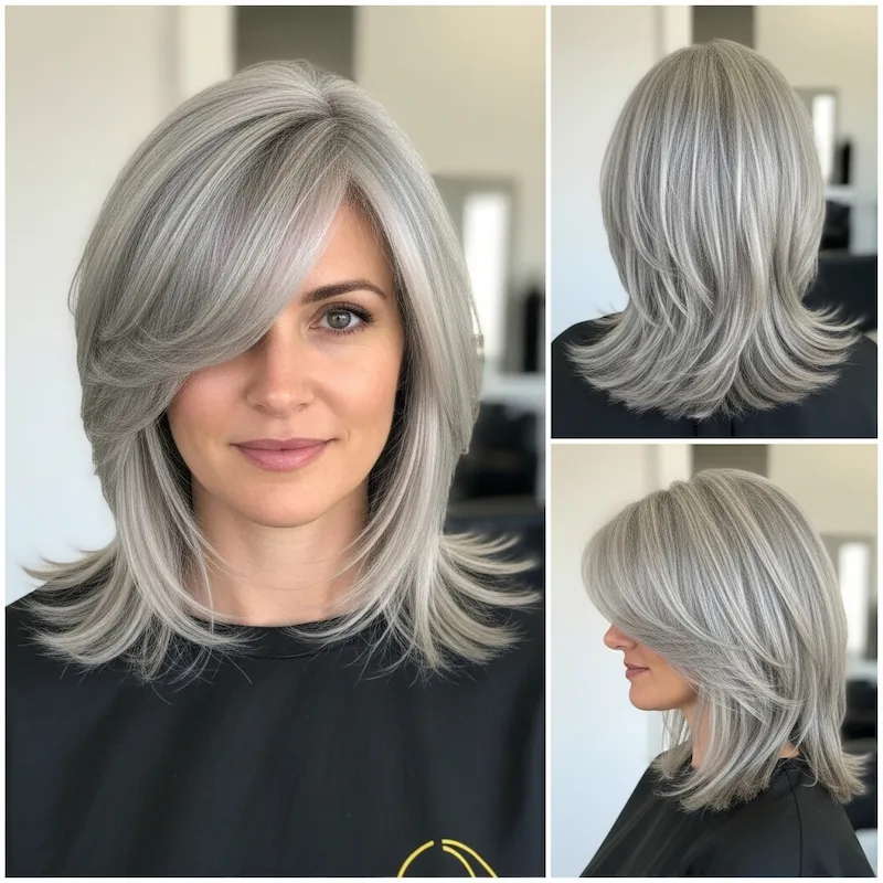 Layered Silver Lob with Long Side-Swept Bangs