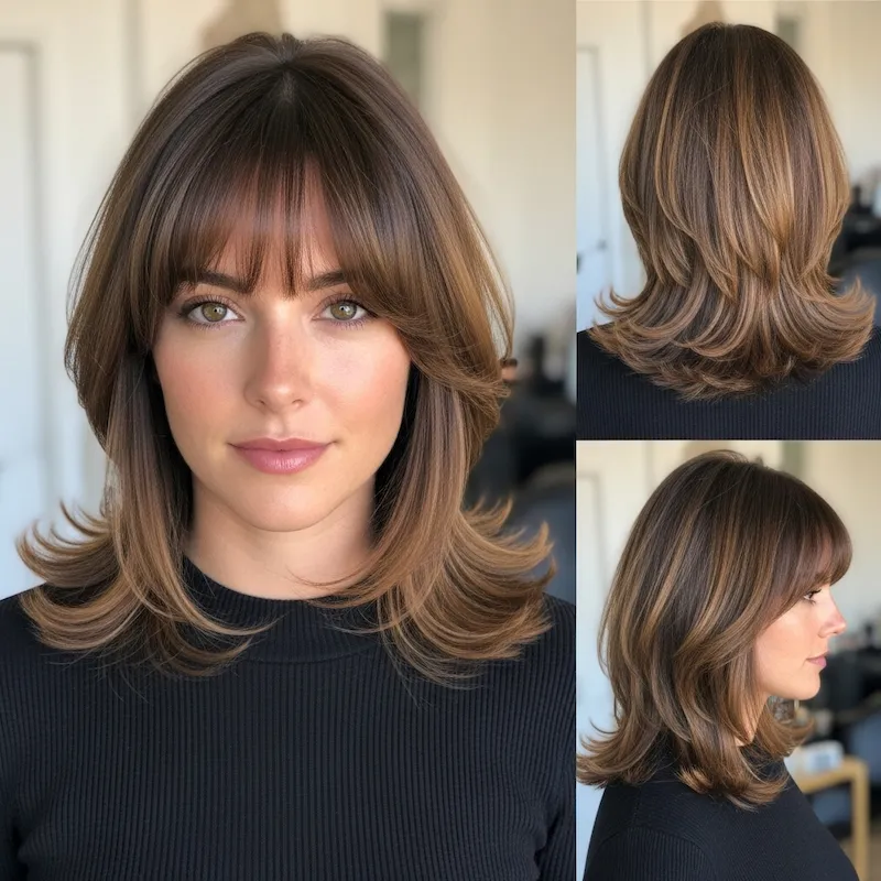 Medium-Length Layered Cut with Rounded Bangs