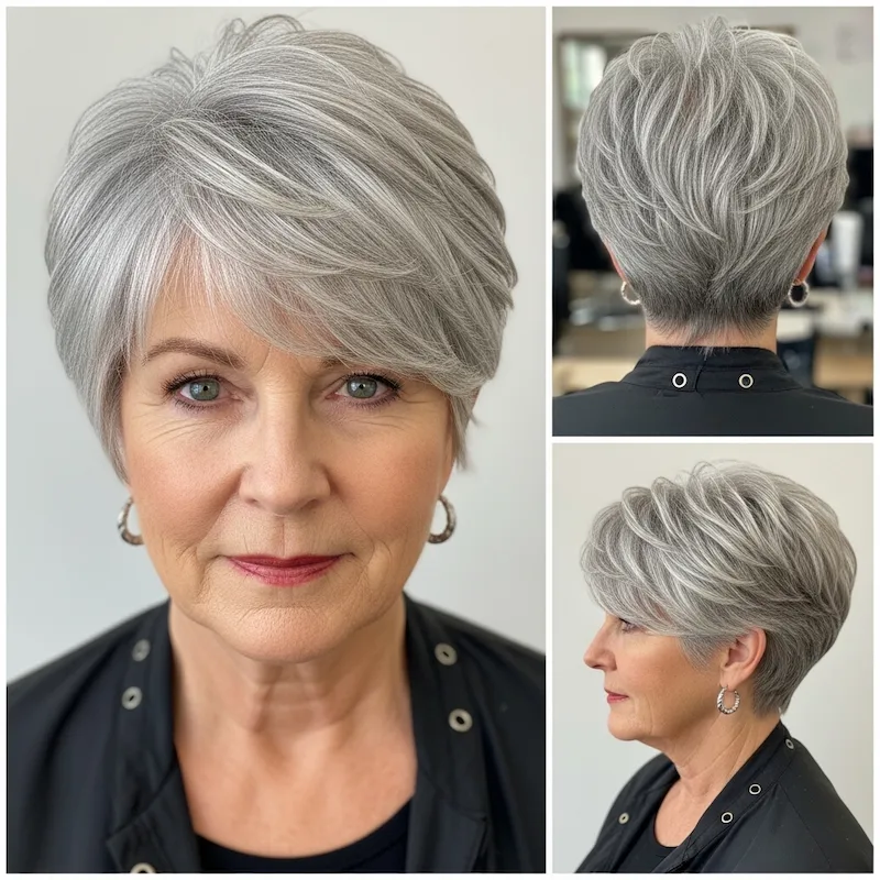 Short Silver Pixie with Textured Bangs and Brushed Forward Texture