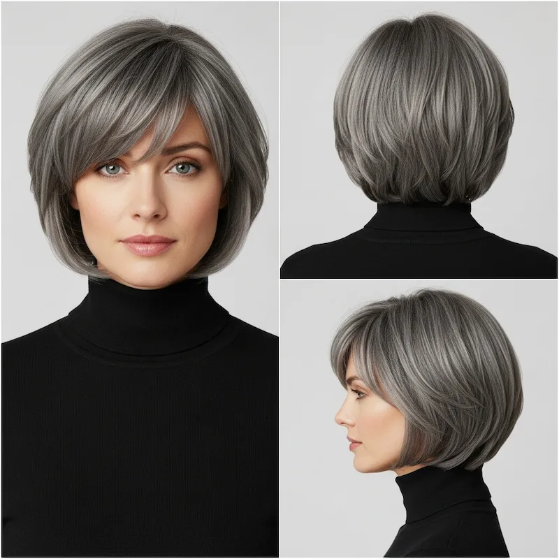 Short Wispy Layered Gray Bob with Bangs