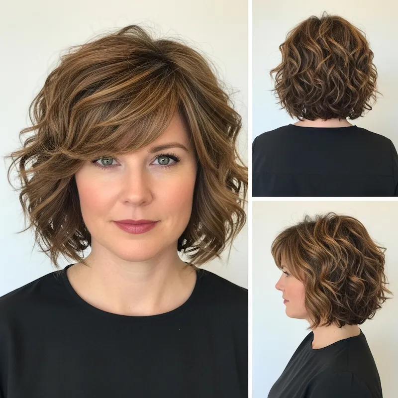 Curly Layered Bob with Side-Swept Bangs