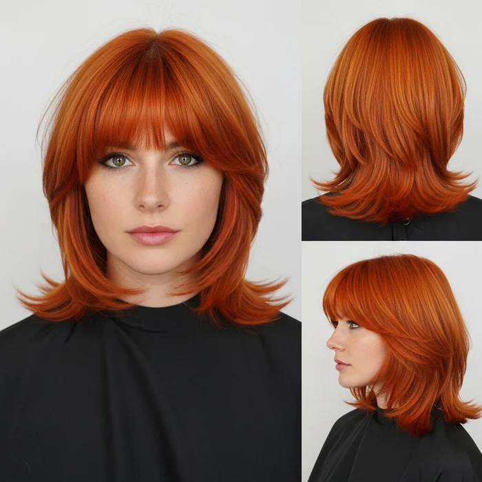 Bright Orange Layered Bob with Bangs