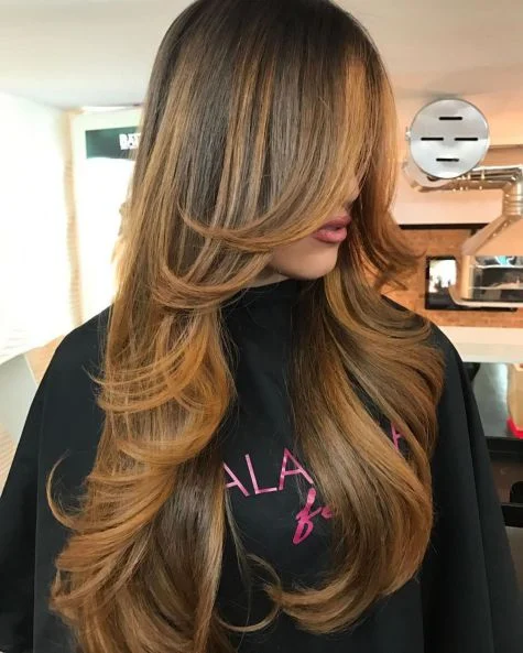 Caramel Balayage Layers with Flowing Curtain Shape