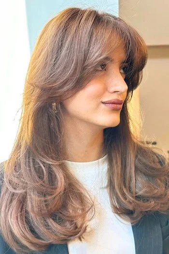Chestnut Layers with Soft Curtain Bangs