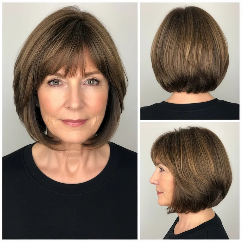 Chin-Length Brown Bob Hairstyles for Older Women