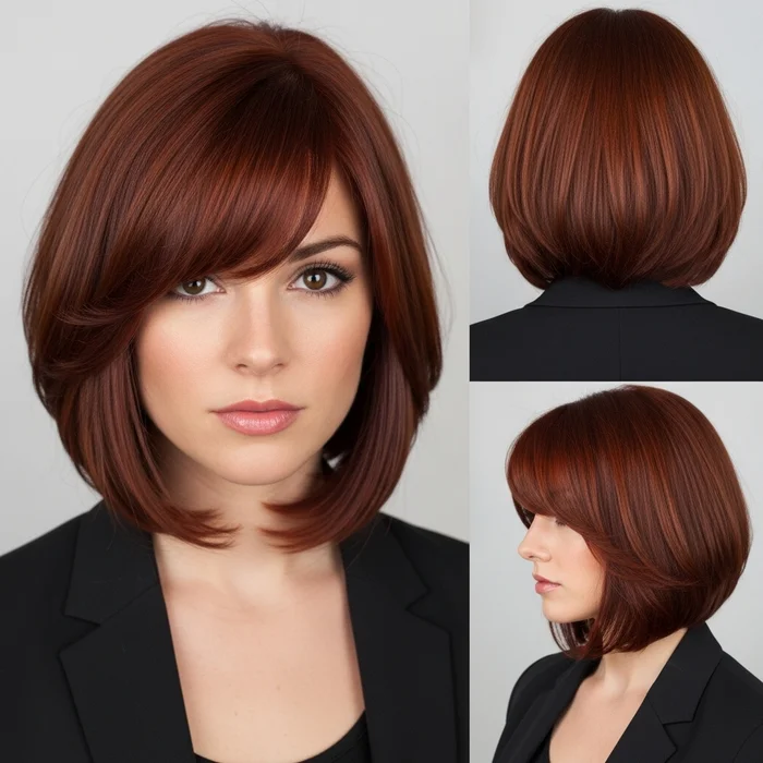 Coppery Red Layered Bob with Side Bangs