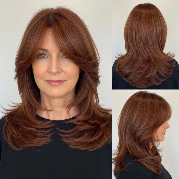 Long Auburn Layers With Side-Swept Bangs
