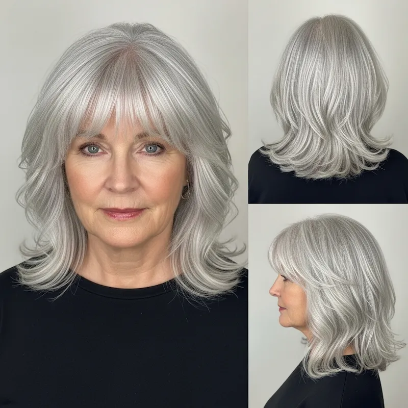 Medium Silver Waves with Fringe Haircut