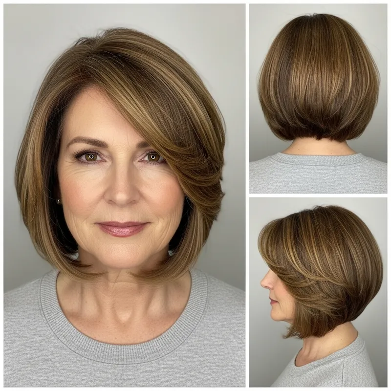 Rounded Brown Bob with Highlights Haircut