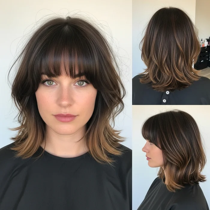 Shaggy Textured Layered Brunette Bob with Bangs