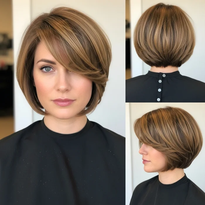 Short Voluminous Layered Bob with Side-Swept Bangs