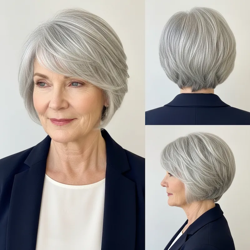 Smooth Silver Pixie Bob with Soft Bangs Haircut