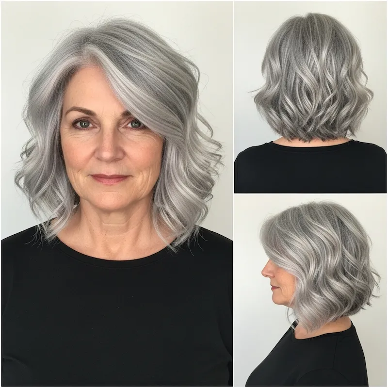 Textured Gray Wavy Bob with Wispy Ends Haircut