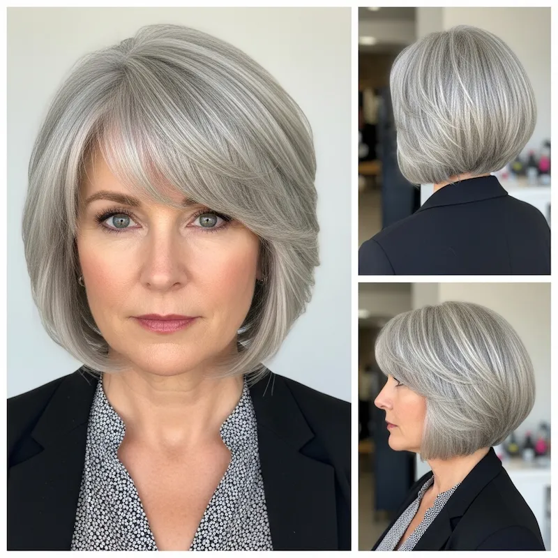 Voluminous Short Layered Silver Bob with Bangs Haircut