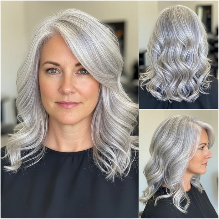 Voluminous Silver Waves With Side Part