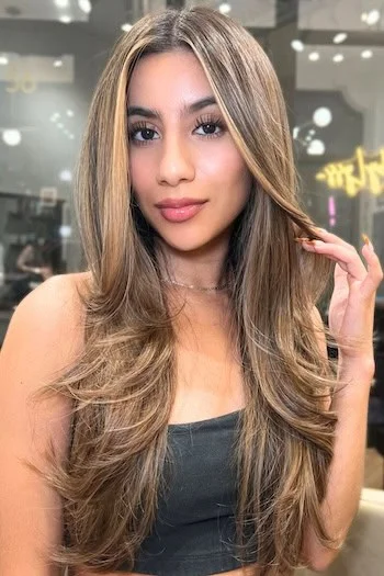 Warm Brunette Layers with Face-Framing Highlights