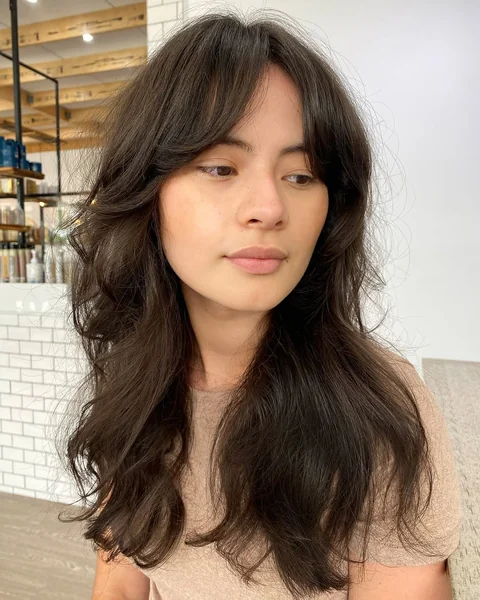 Dark Brunette Voluminous Shag with Sweeping Bangs