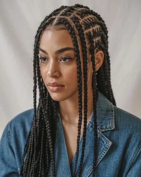 Neatly Parted Long Black Box Braids