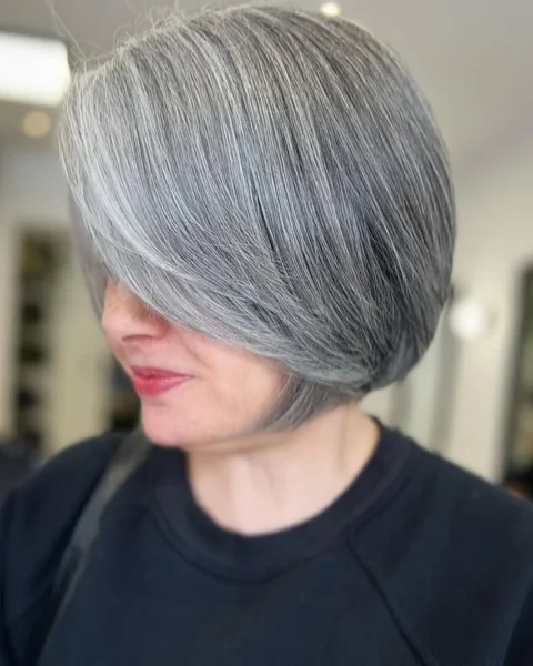 Sleek Silver Angled Bob with Deep Side Sweep