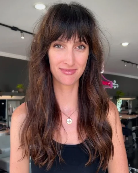Textured Long Brunette Waves with Full Bangs