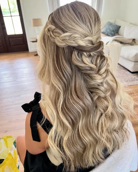 Dimensional Double Braid Half-Up Hairstyle with Beach Waves