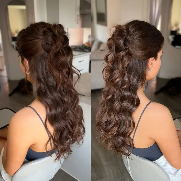 Half-Up Half-Down Ponytail with Rich Brown Curls