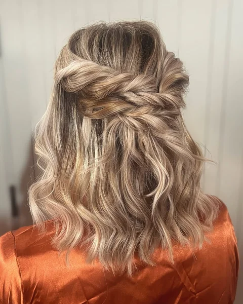 Messy Blonde Lob with Intricate Braided Half-Up