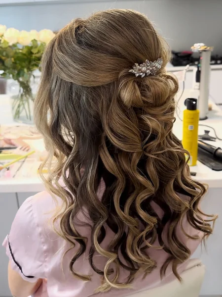 Romantic Ringlet Curls Half-Updo with Pearl Clip
