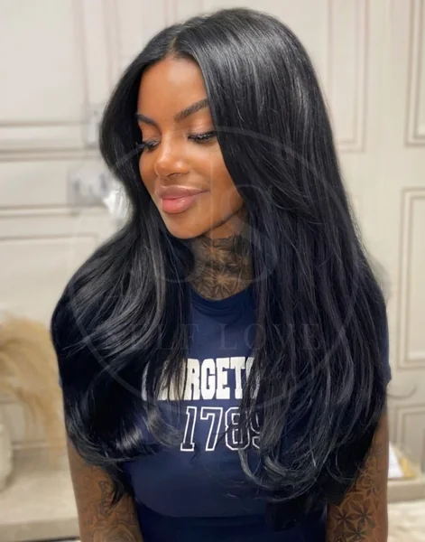 Sleek, Subtle Butterfly Layers on Long Black Hair