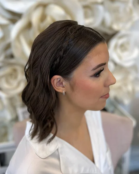 Wavy Bob with Sleek Side Braid Headband Detail