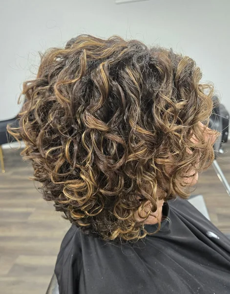 Dimensional Brunette Curly Bob with Honey Highlights