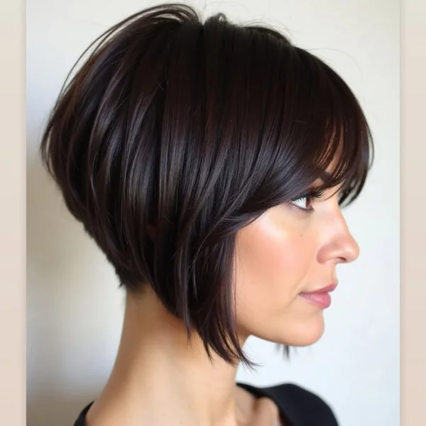 Edgy Stacked Brunette Bob with Side-Swept Bangs
