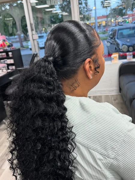 Extra-Long Straight High Ponytail with Pearl Flowers
