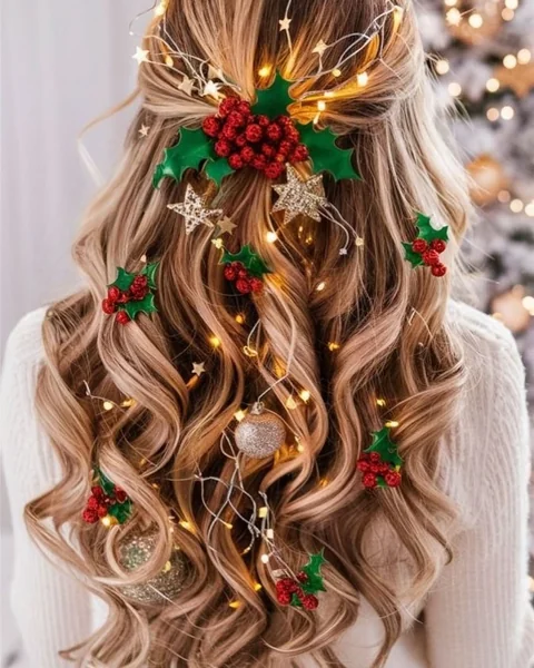 Holly Berry and Twinkle Light Half-Up Holiday Hairstyle