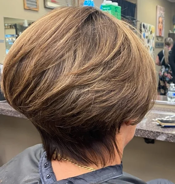 Honey-Brown Volumized Stacked Bob with Wispy Fringe