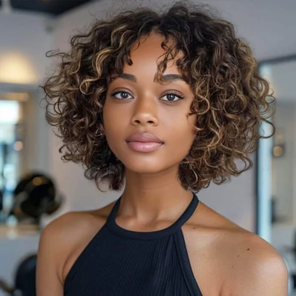 Honey-Highlighted Curly Bob with Soft Fringe