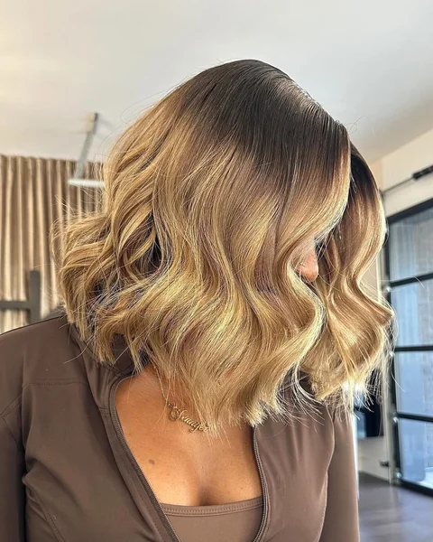 Honey Blonde Shadow Root Bob with Deep Waves