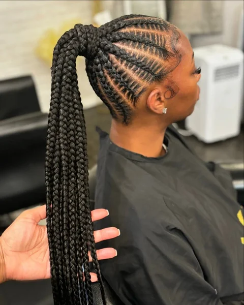 Intricate Feed-In Braided High Ponytail with Swirled Edges