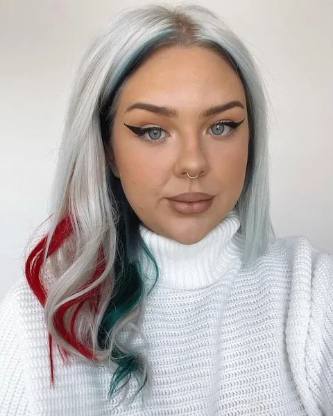 Platinum Hair with Red and Teal Christmas Color Pop