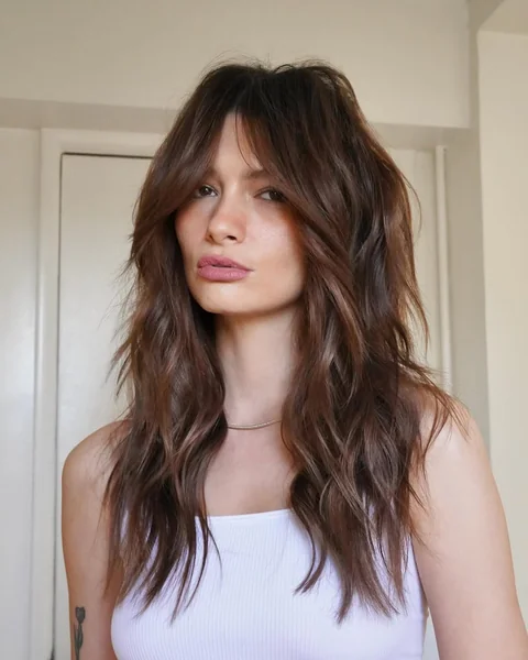 Rich Brown Wavy Shag with Curtain Bangs