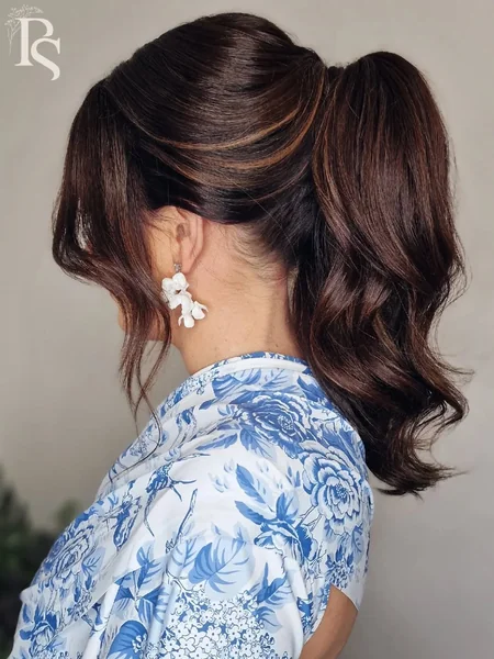 Sleek High Ponytail with Ribbon Wrap and Waves