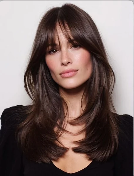 Sultry Chocolate Butterfly Cut with Airy Bottleneck Bangs