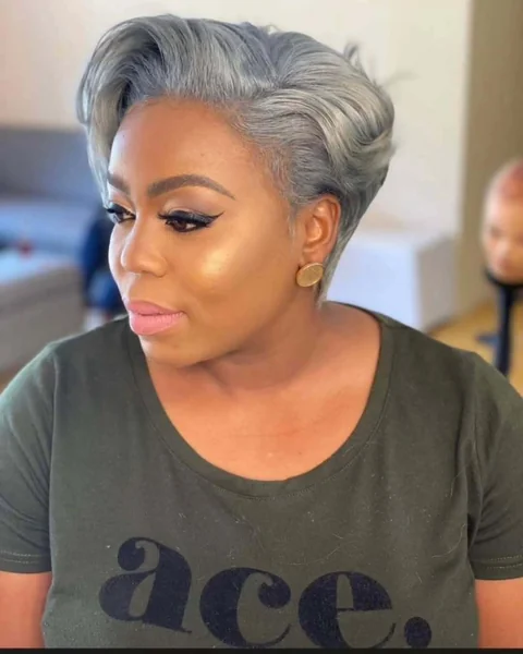 Voluminous Steel Gray Pixie with Sweeping Side Part