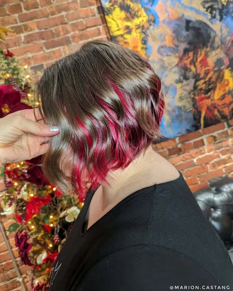 Wavy Stacked Bob with Festive Cranberry Peek-a-Boo Color