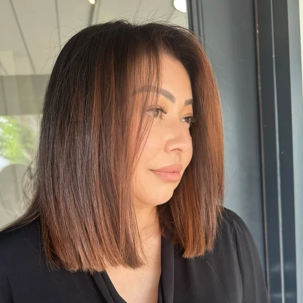 Sleek Mahogany Lob with Face-Framing Wisps