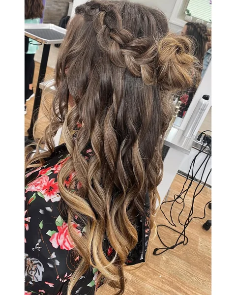 Boho Half-Up Dutch Braid with Messy Rosette Bun