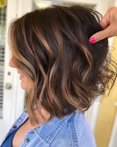 Caramel Balayage Bob with Soft Textured Waves