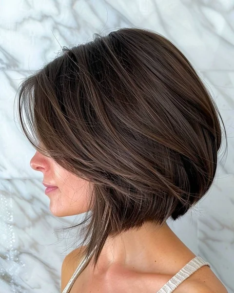 Chic Brunette Angled Bob with Sweeping Face-Framing Layers